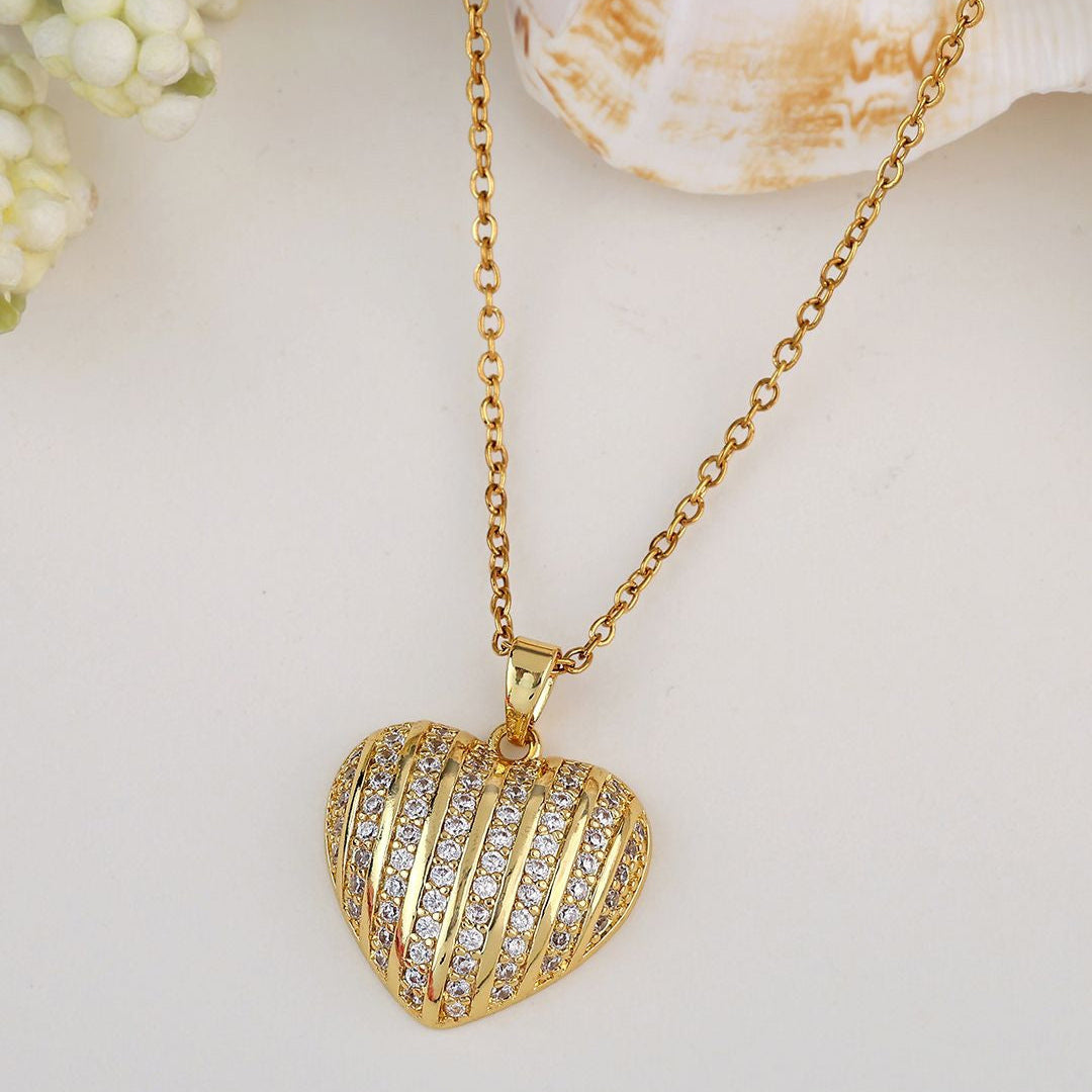 Gold-Plated Heart Pendant Necklace with American Diamonds.