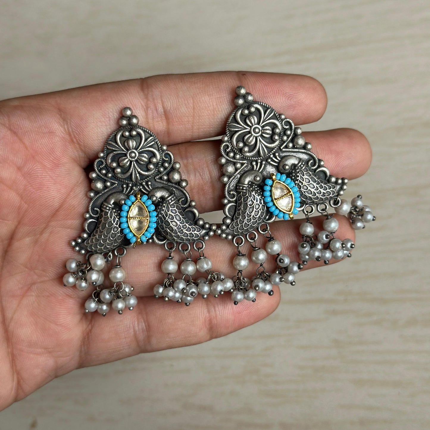 Oxidized Silver Peacock Pearl Drop Earrings