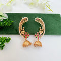 Peacock Jadau Kundan Ear Cuff with Green and pink Stones & Pearl Jhumki