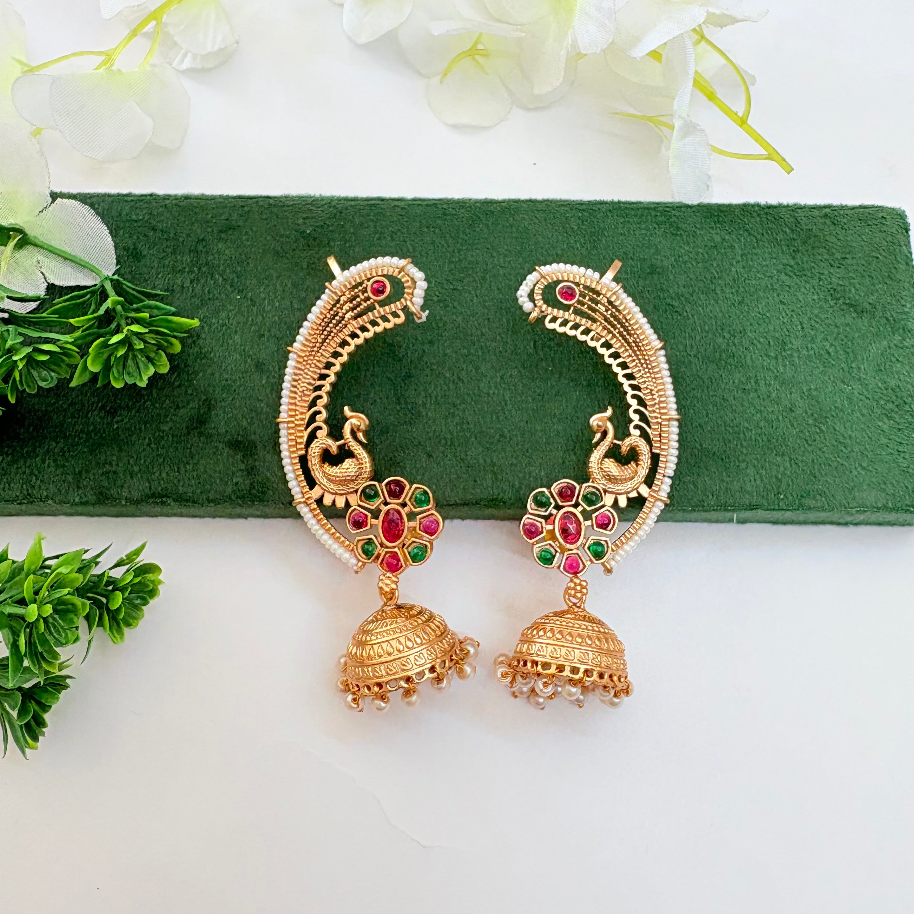 Peacock Jadau Kundan Ear Cuff with Green and pink Stones & Pearl Jhumki