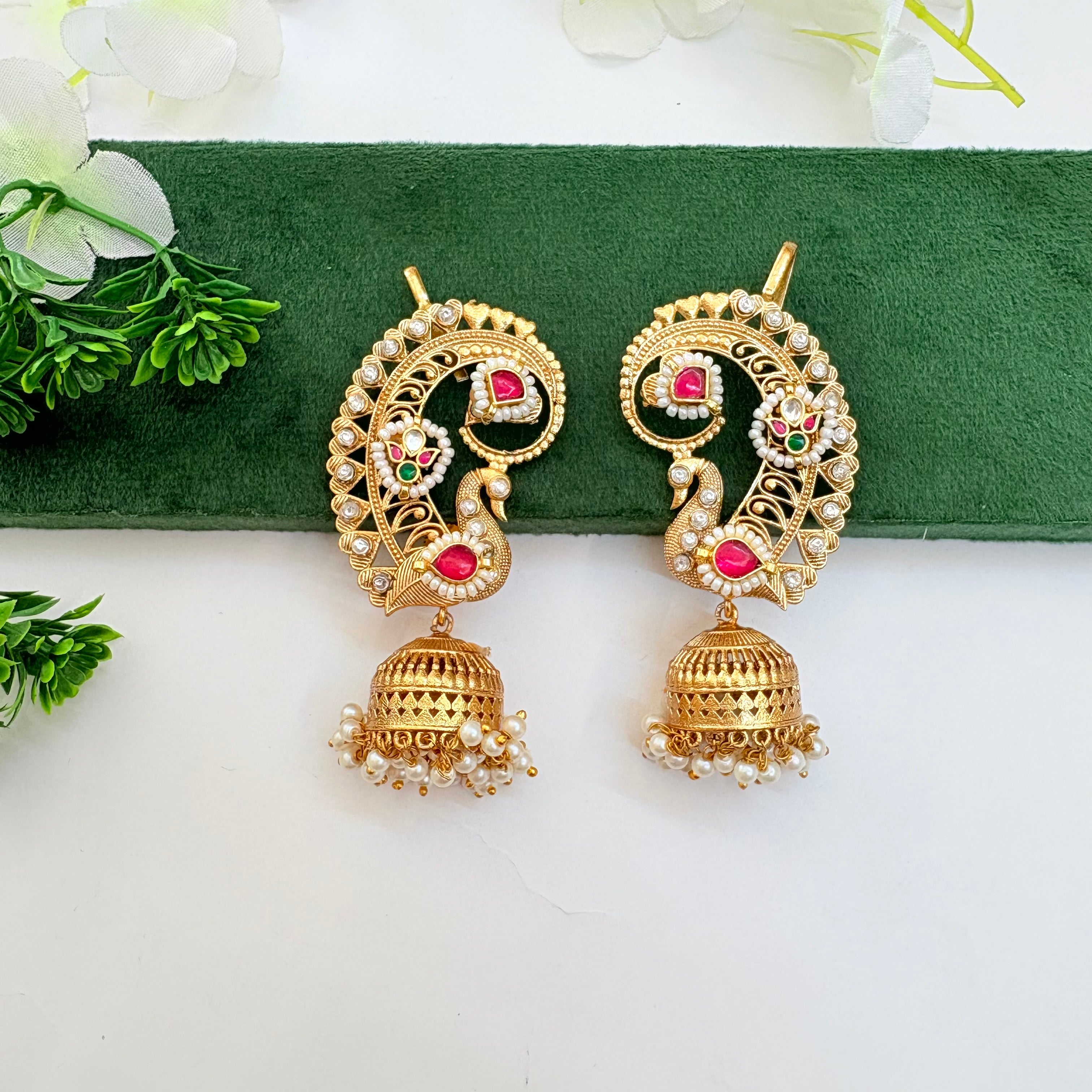 Peacock Jadau Kundan Ear Cuff with Pearl Jhumki