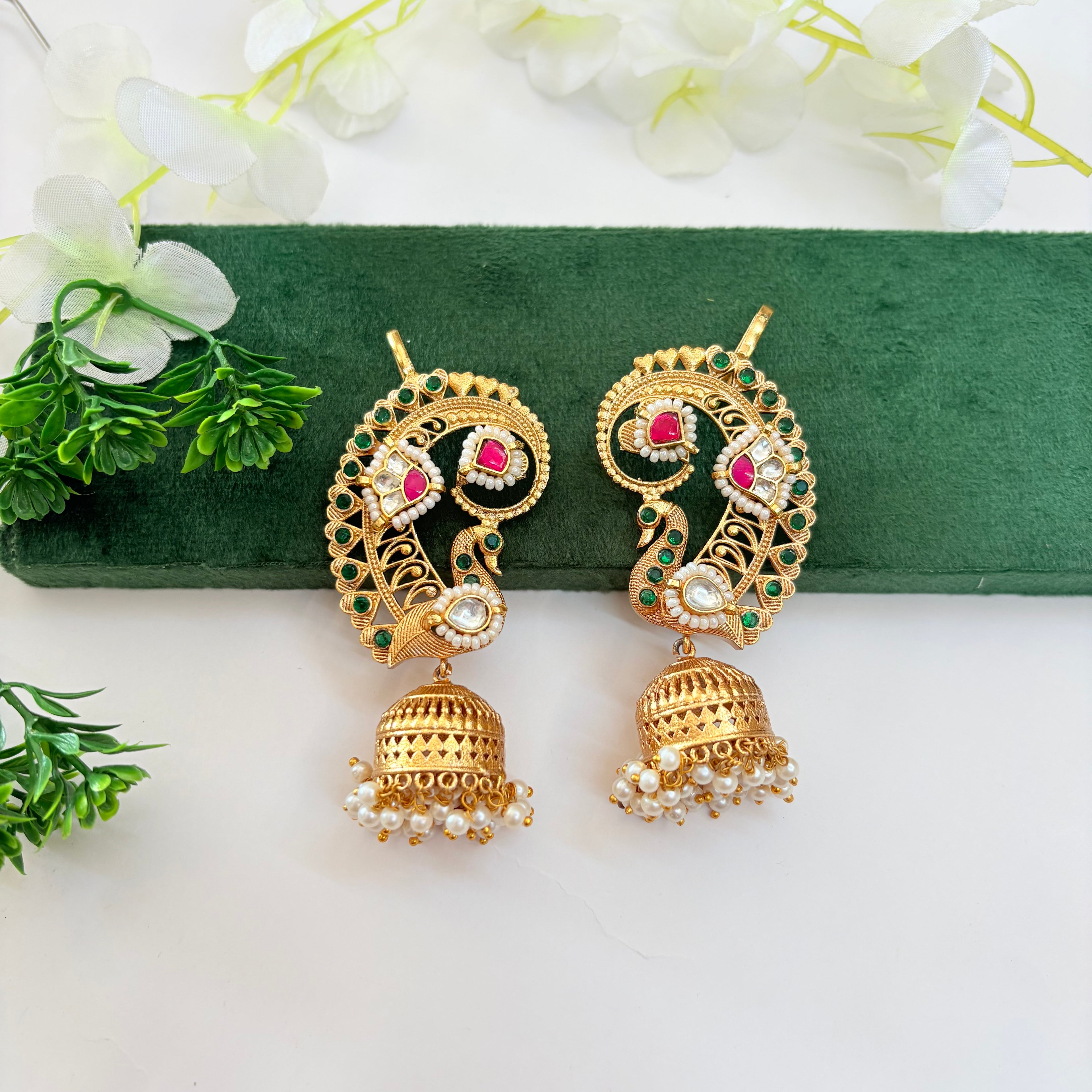 Peacock Jadau Kundan Ear Cuff with Pearl Jhumki