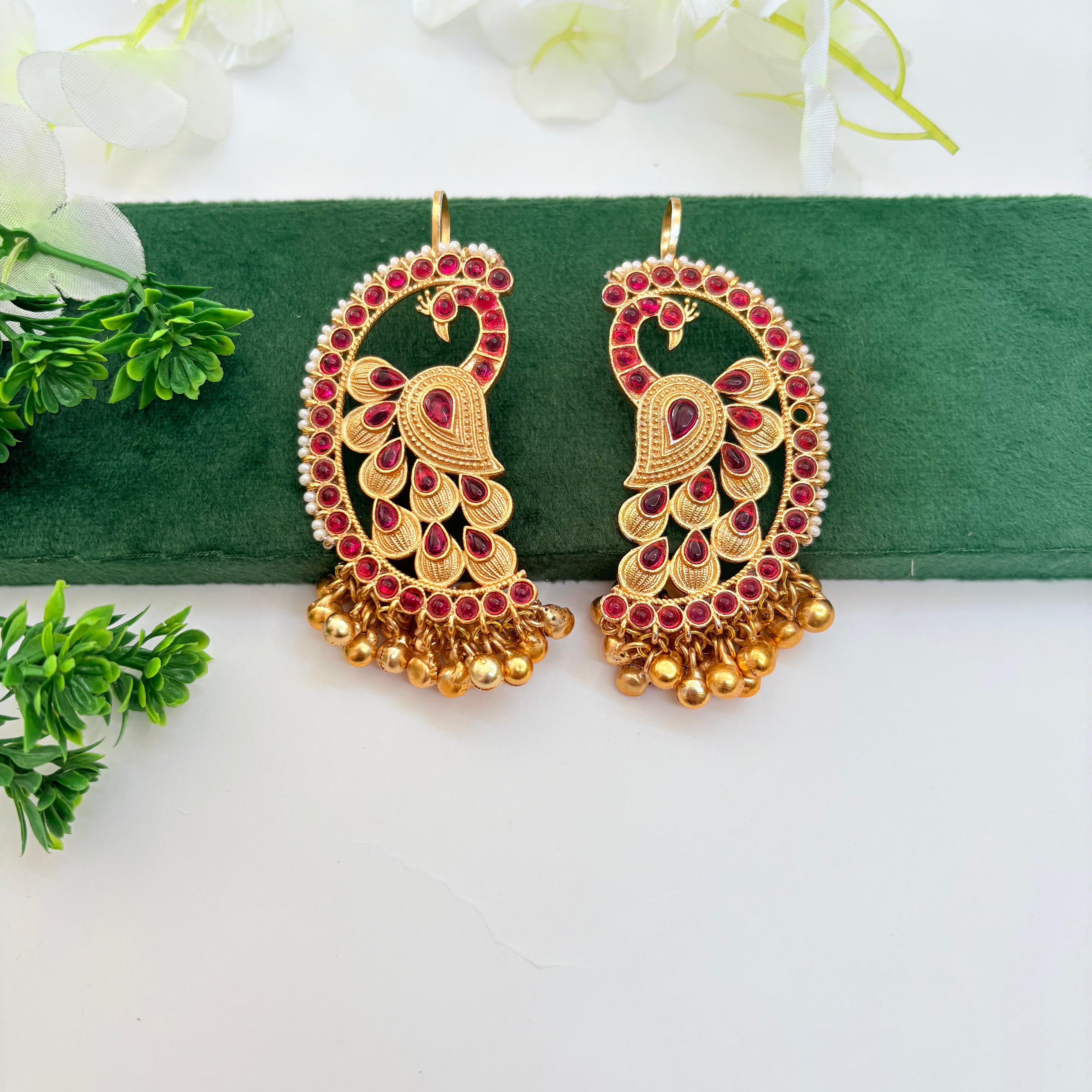 Royal Peacock Jadau Kundan Ear Cuff with Red Stones
