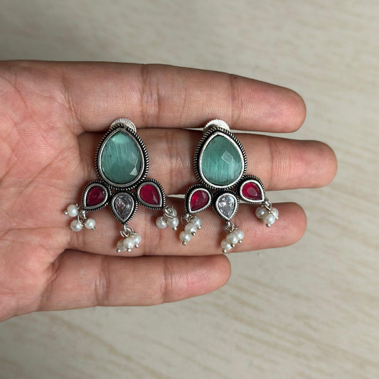 Oxidized Silver Earrings with Green, Red Stones & Pearl Drops