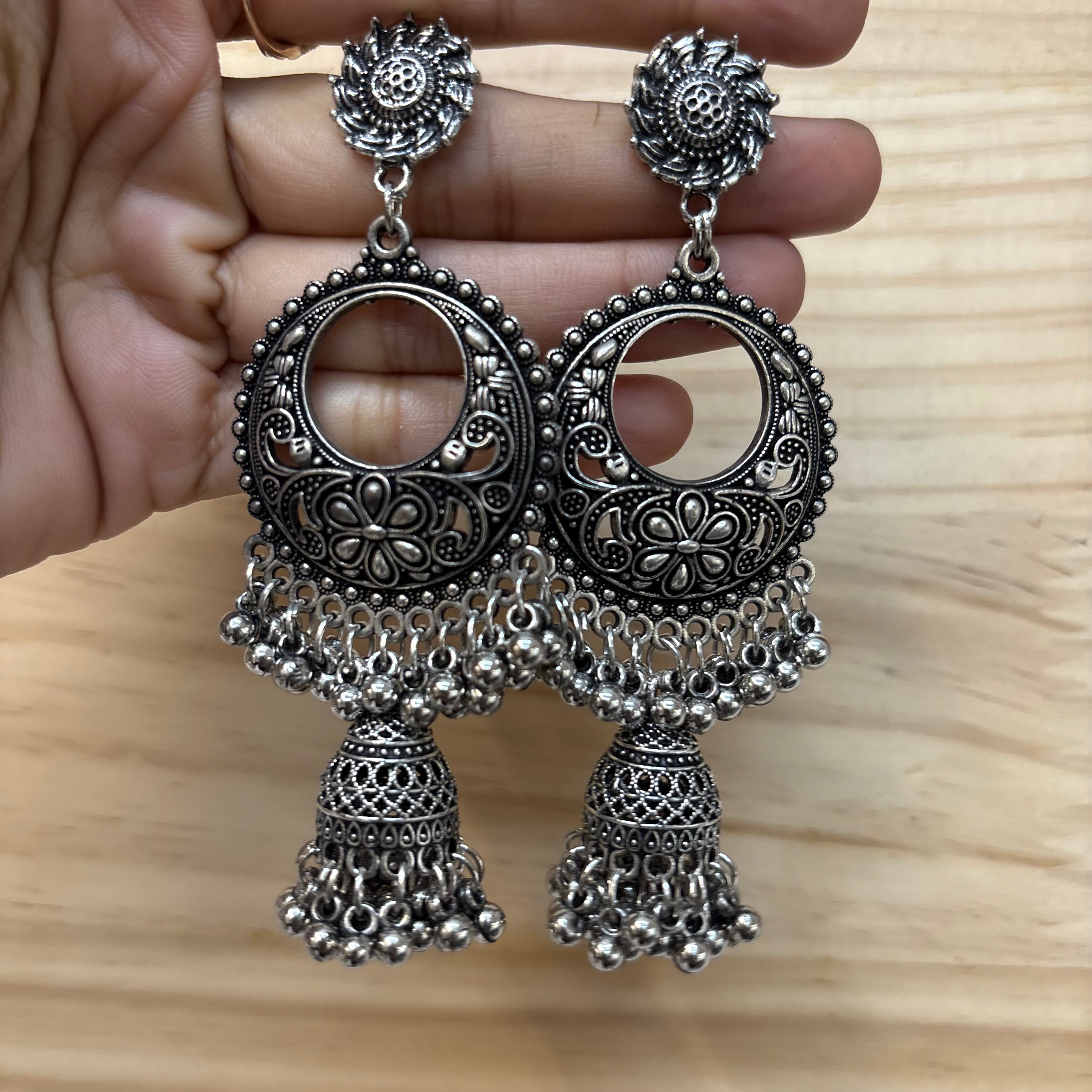 Trendy Oxidised Silver-Plated Jhumkas