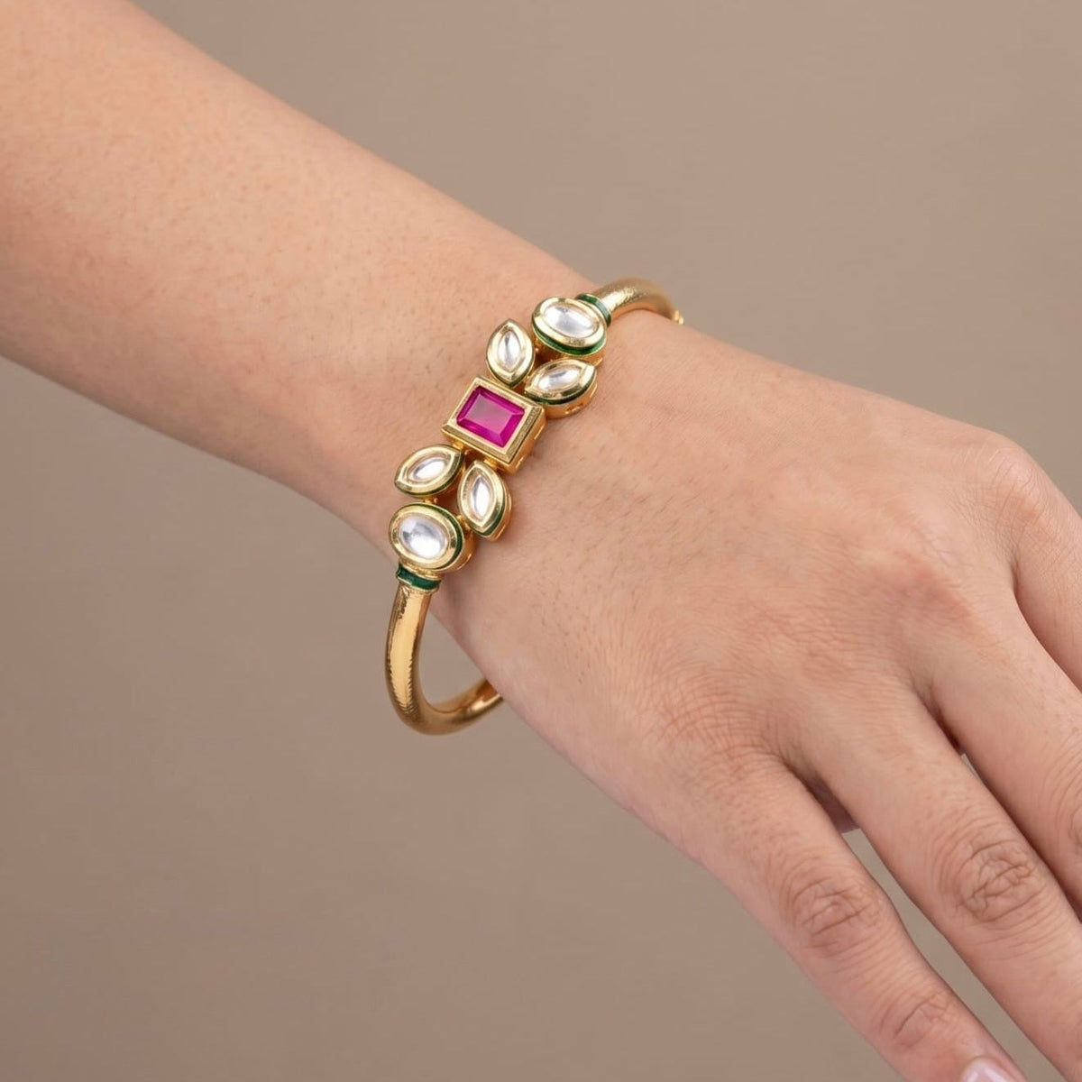 Royal Pink & Green Kundan Cuff Bracelet