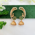 Peacock Jadau Kundan Ear Cuff with Green Stones & Pearl Jhumki