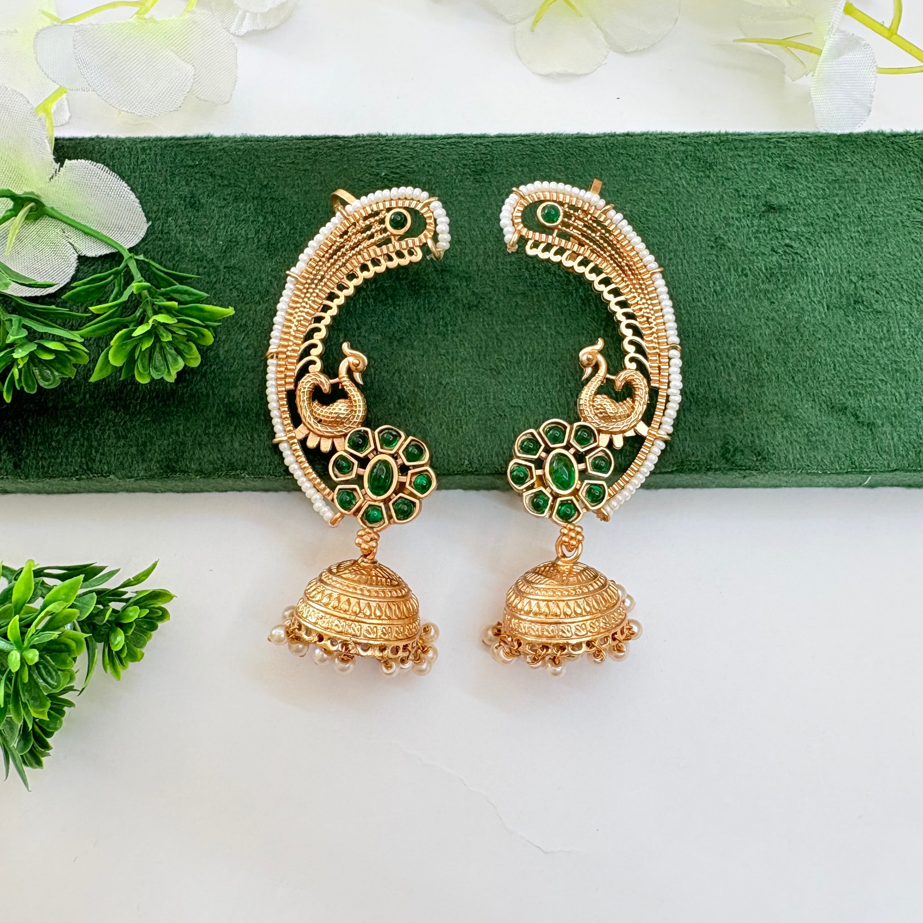 Peacock Jadau Kundan Ear Cuff with Green Stones & Pearl Jhumki