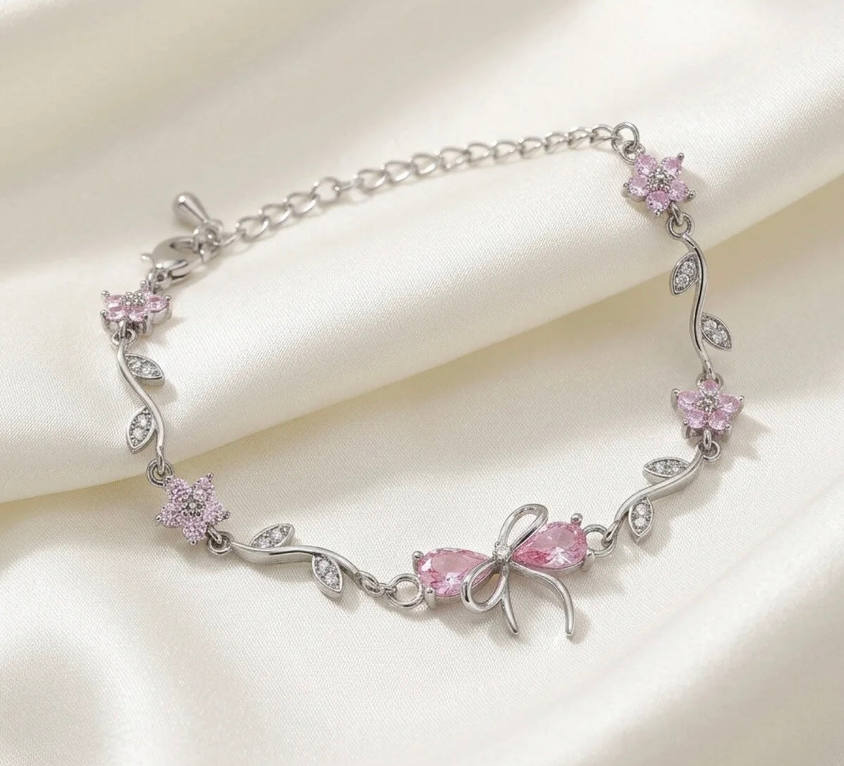 Anti-Tarnish Pink bow Charm Bracelet