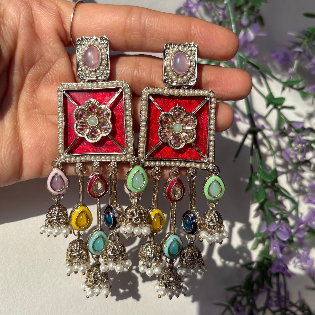 Royal Crimson Square Drop Jhumka Earrings