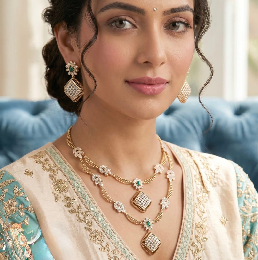 Elegant Pink Floral Layered Necklace Set