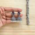 Emerald Leaf Pearl Silver Jhumka Earrings