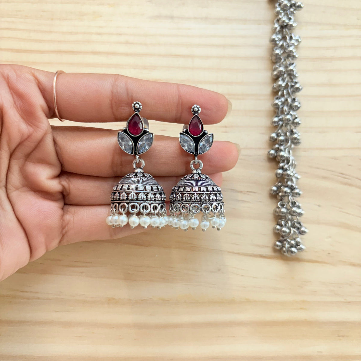 Emerald Leaf Pearl Silver Jhumka Earrings