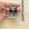 Elephant Motif Pearl Silver Jhumka Earrings with Blue Stone