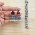 Emerald Leaf Pearl Silver Jhumka Earrings