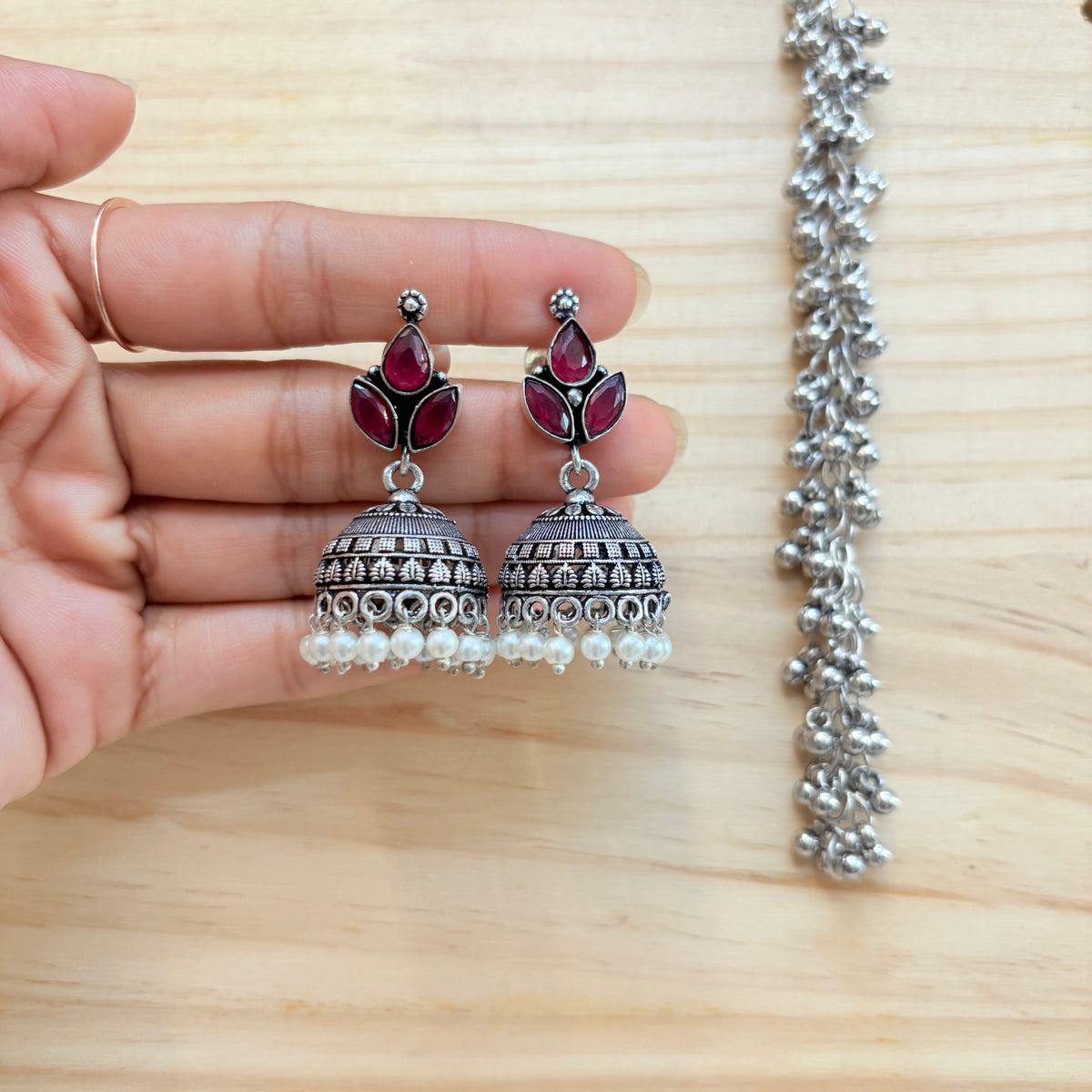 Emerald Leaf Pearl Silver Jhumka Earrings