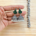 Emerald Leaf Pearl Silver Jhumka Earrings