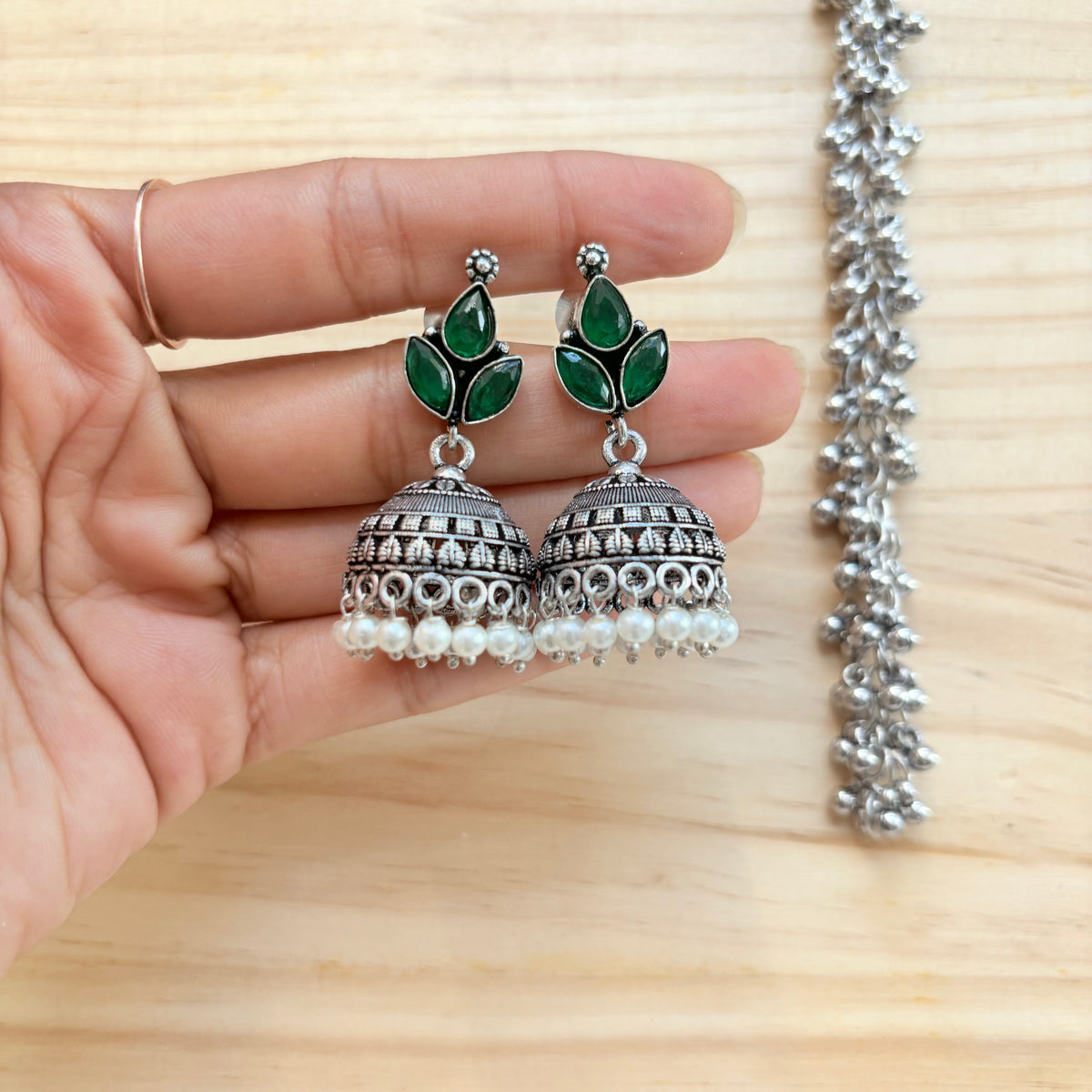 Emerald Leaf Pearl Silver Jhumka Earrings
