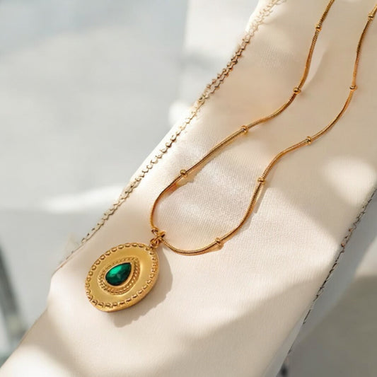 Gold-Plated Anti-Tarnish Necklace with Green Teardrop Pendant