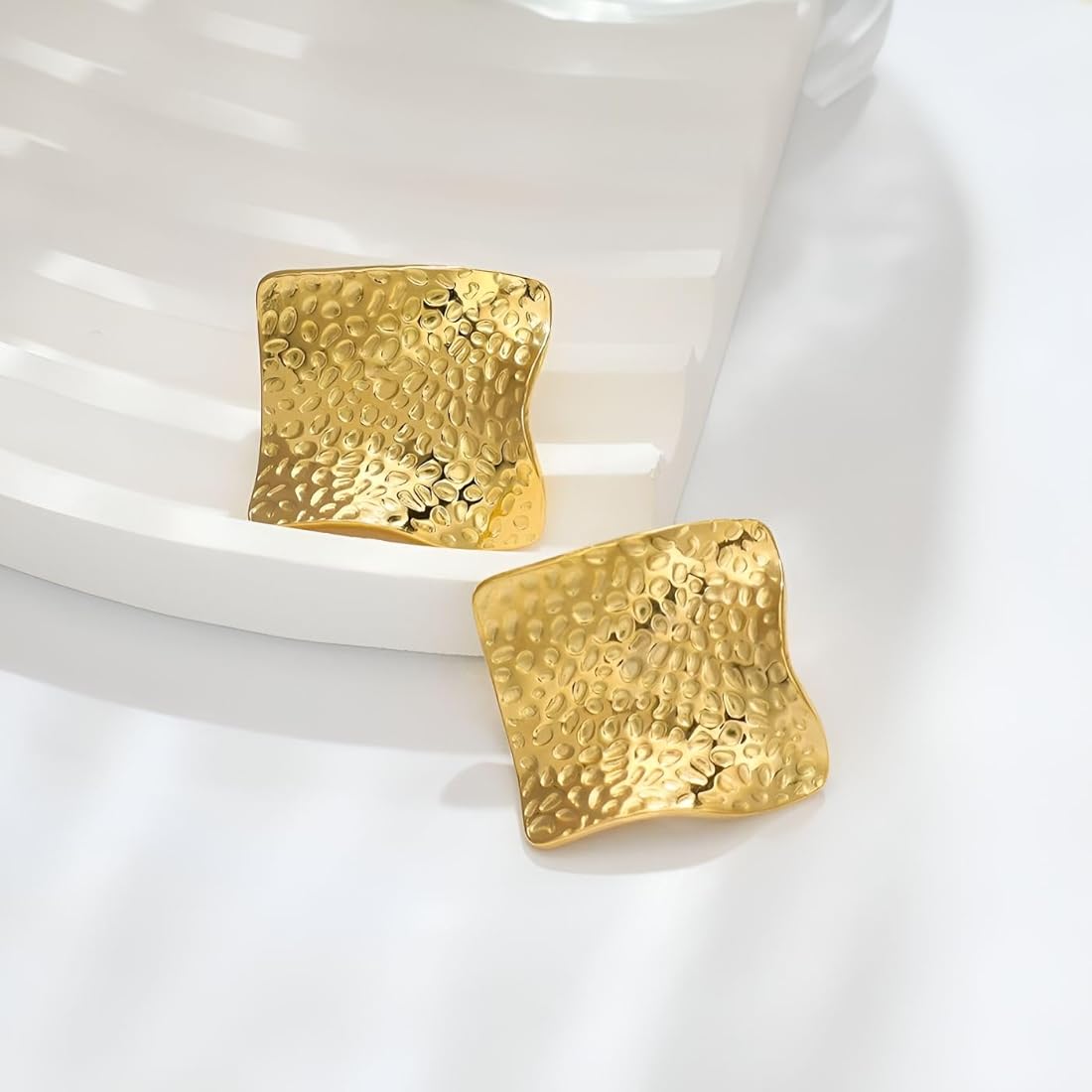 Textured Gold Square Statement Stud Earrings