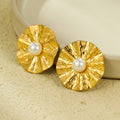Textured Floral Pearl Stud Earrings – Bold Gold Statement