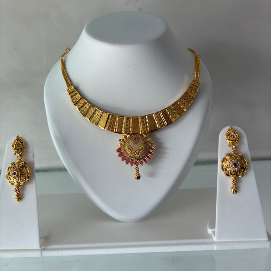 One Gram Gold Plated Traditional Necklace Set with Earrings