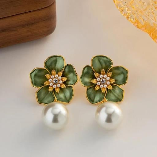 Korean Green Flower Pearl Drop Earrings