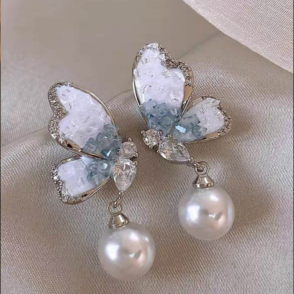 Korean Crystal Butterfly Pearl Drop Earrings
