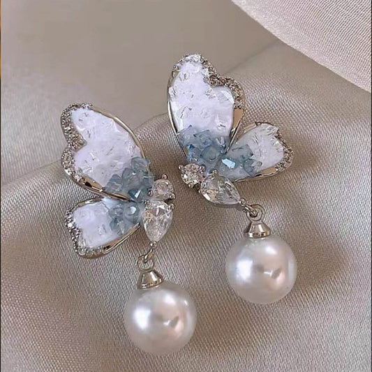 Korean Crystal Butterfly Pearl Drop Earrings