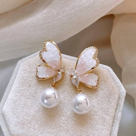 Korean Crystal Butterfly Pearl Drop Earrings
