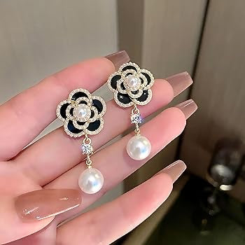 Black Flower Pearl Drop Earrings