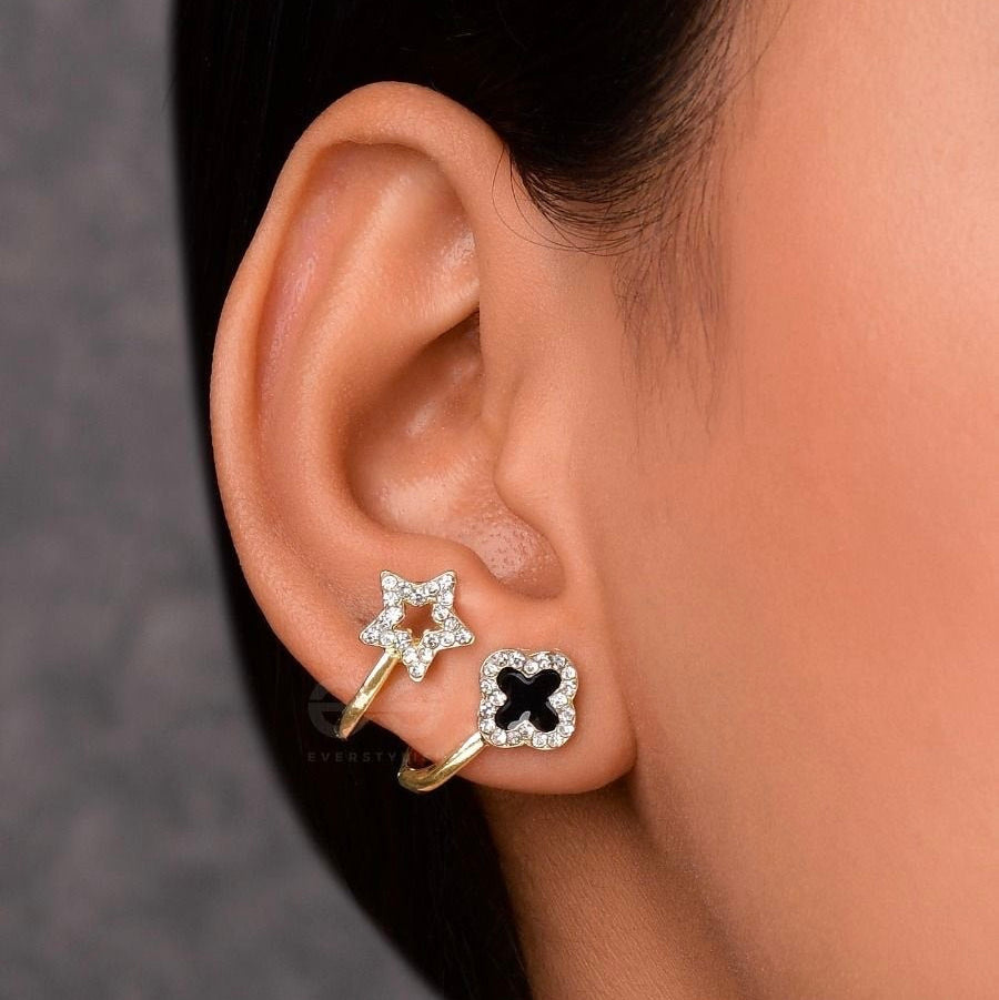 Korean Dual-Shape Black & Crystal Stud Earrings