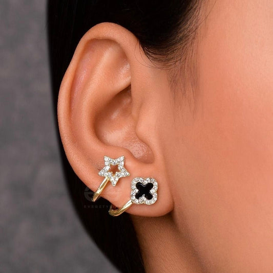 Korean Dual-Shape Black & Crystal Stud Earrings