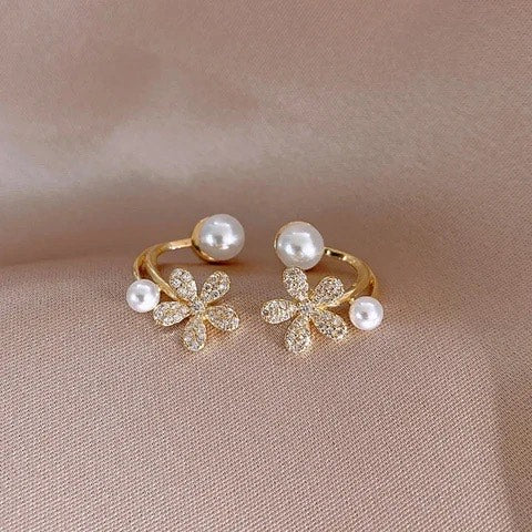 Korean Floral Pearl Open-Loop Earrings