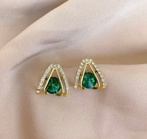 Gold Crystal Stud Earrings with Green Gemstone