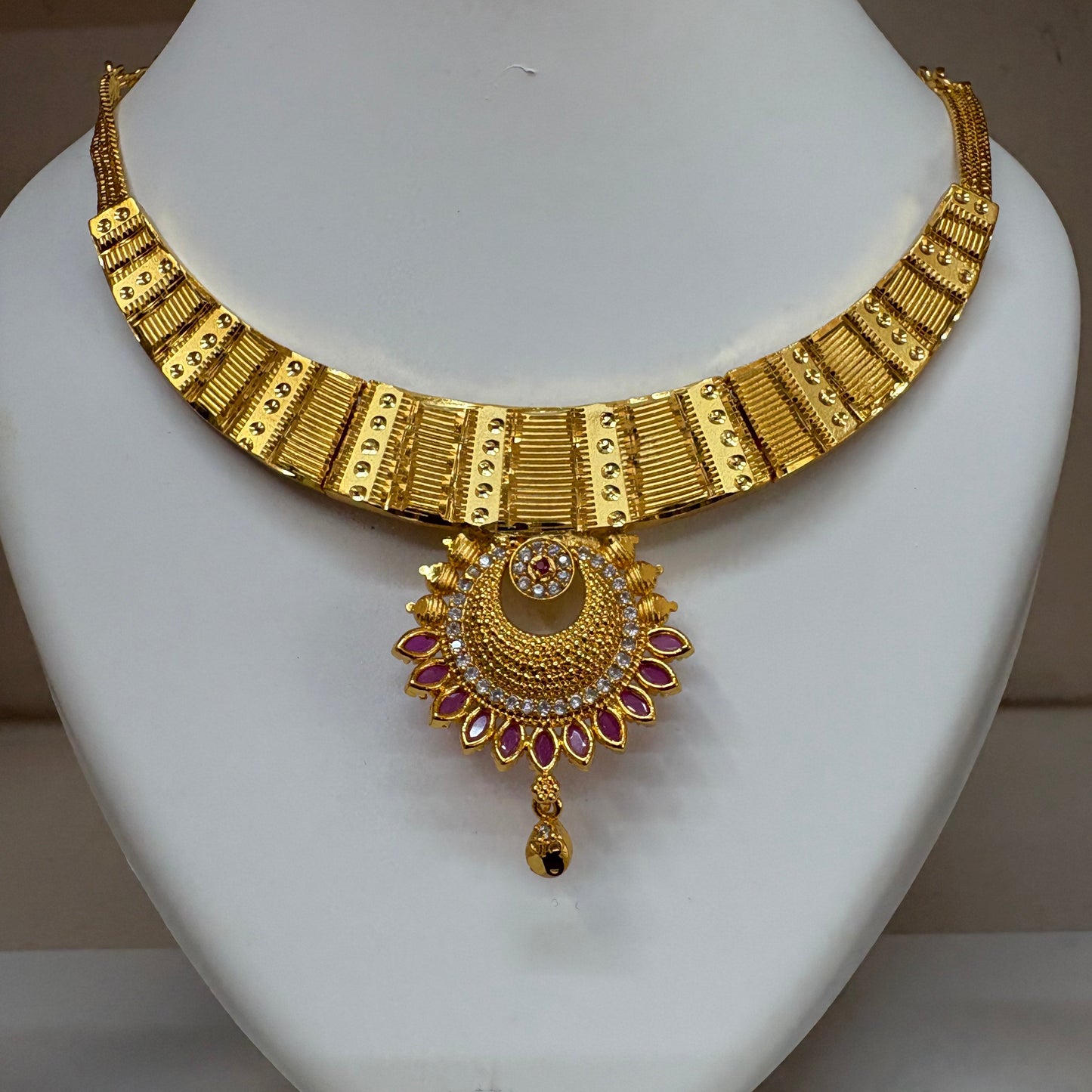 One Gram Gold Plated Traditional Necklace Set with Earrings