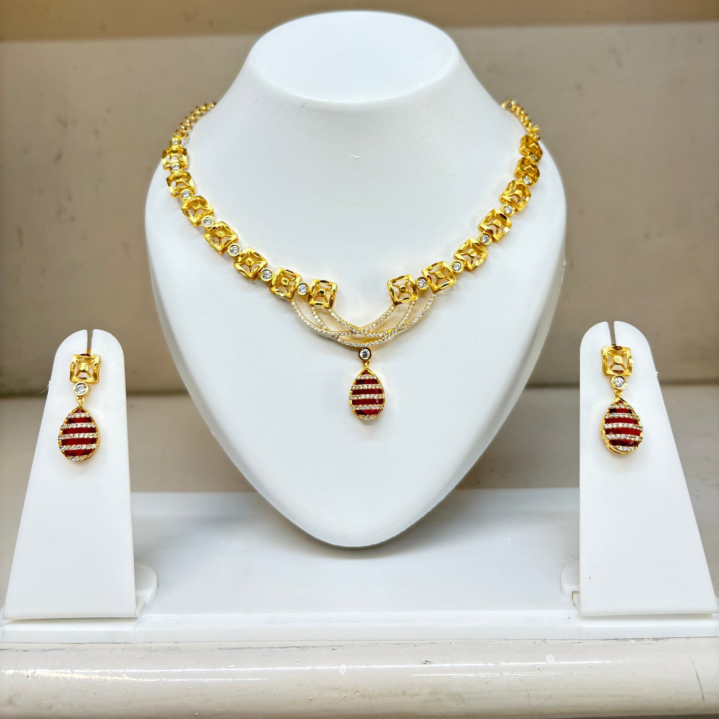 One Gram Gold Plated Necklace Set with Red Stone Drops