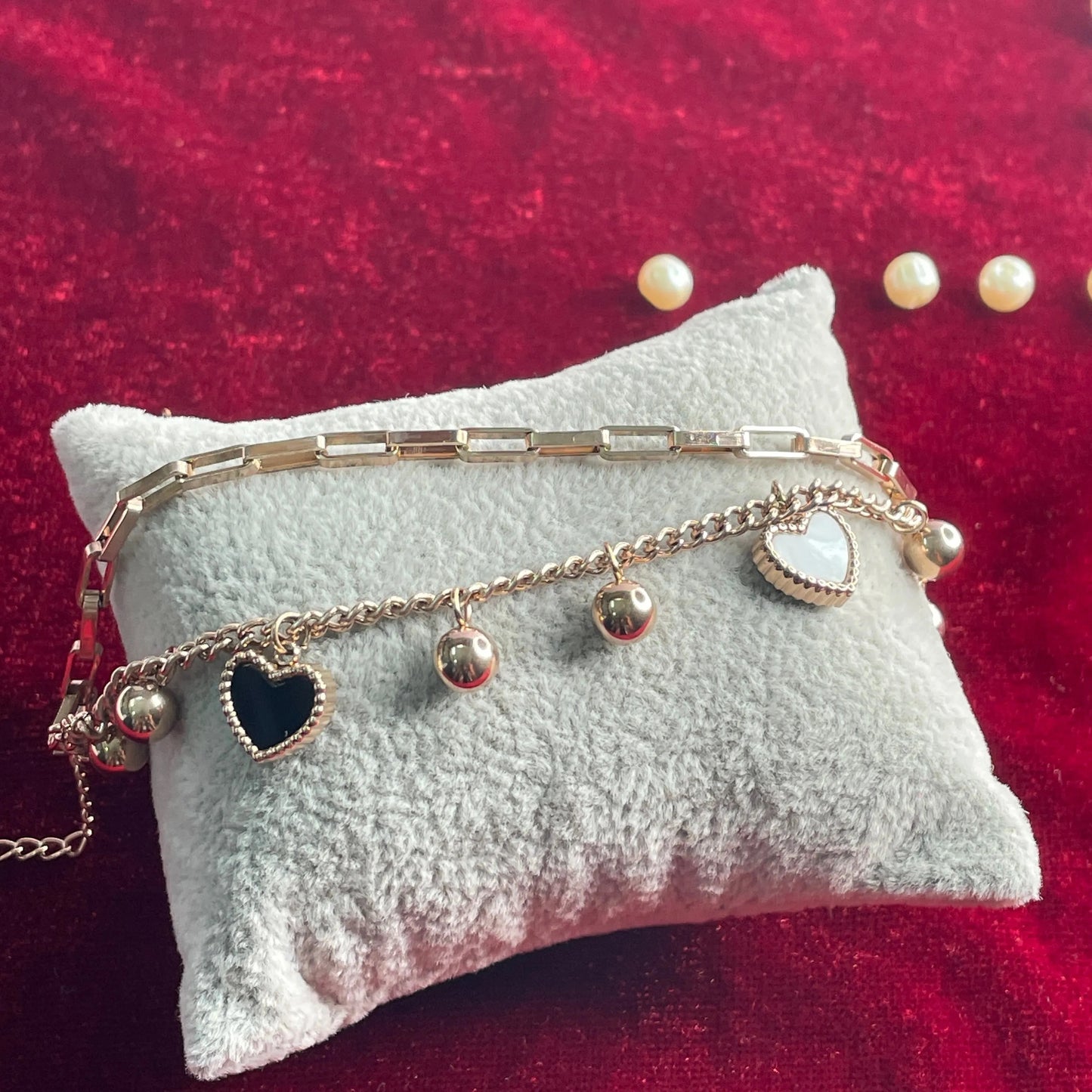 Anti Tarnish Gold Plated Bracelet with Black Heart Charm and Bead Detailing