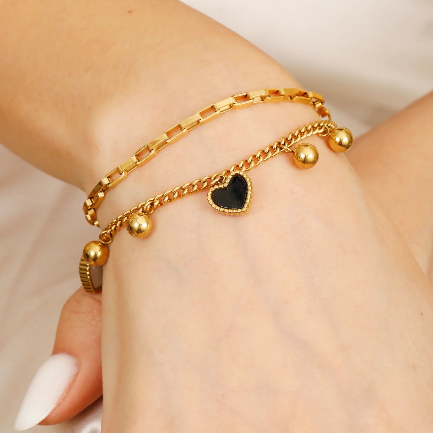 Anti Tarnish Gold Plated Bracelet with Black Heart Charm and Bead Detailing
