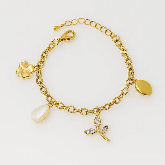 Gold Plated Charm Bracelet with Leaf and Pearl Design