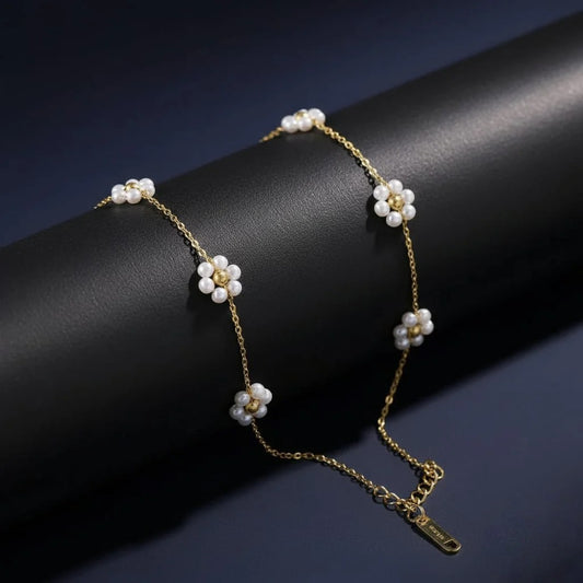 Elegant Gold Chain Bracelet with Dainty Pearl Flower Charms