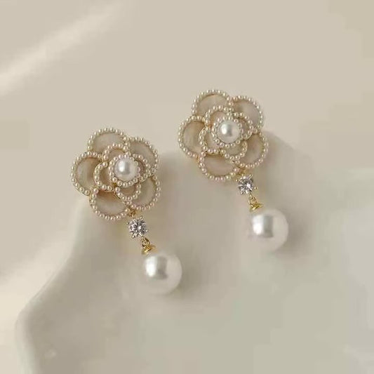 Korean Pearl Flower Drop Earrings
