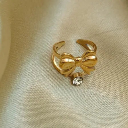 Gold-Plated Adjustable Bow Ring with Crystal Drop – Anti-Tarnish Finish